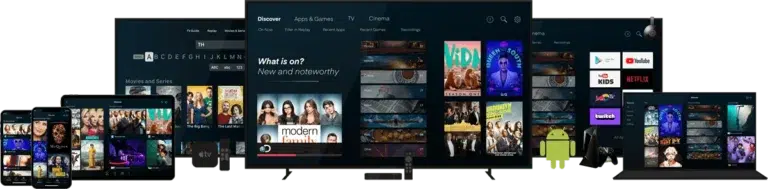 Multiple devices streaming movies, series, and live TV through IPTV on various platforms including smartphones, tablets, and smart TVs